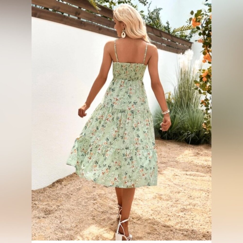 LAST ONE 🔥 Boho Floral Print Ruffle Hem Cami Dress Midi Green - Picture 3 of 9